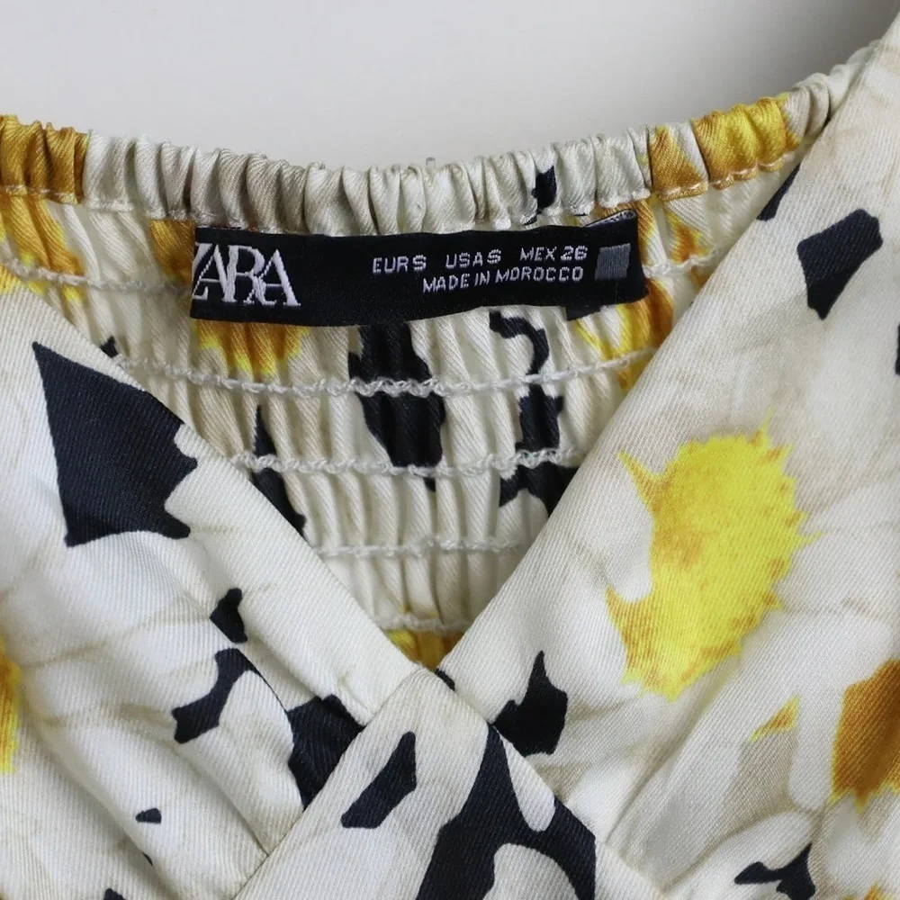 Zara floral daisy print top yellow blouse puff sleeve flowers spring summer S